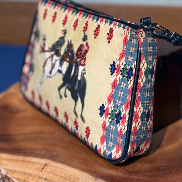 Paradox Vintage Beaded Equestrian Canvas Baguette Bag 90s/Y2K Argyle Purse - Picture 3 of 12